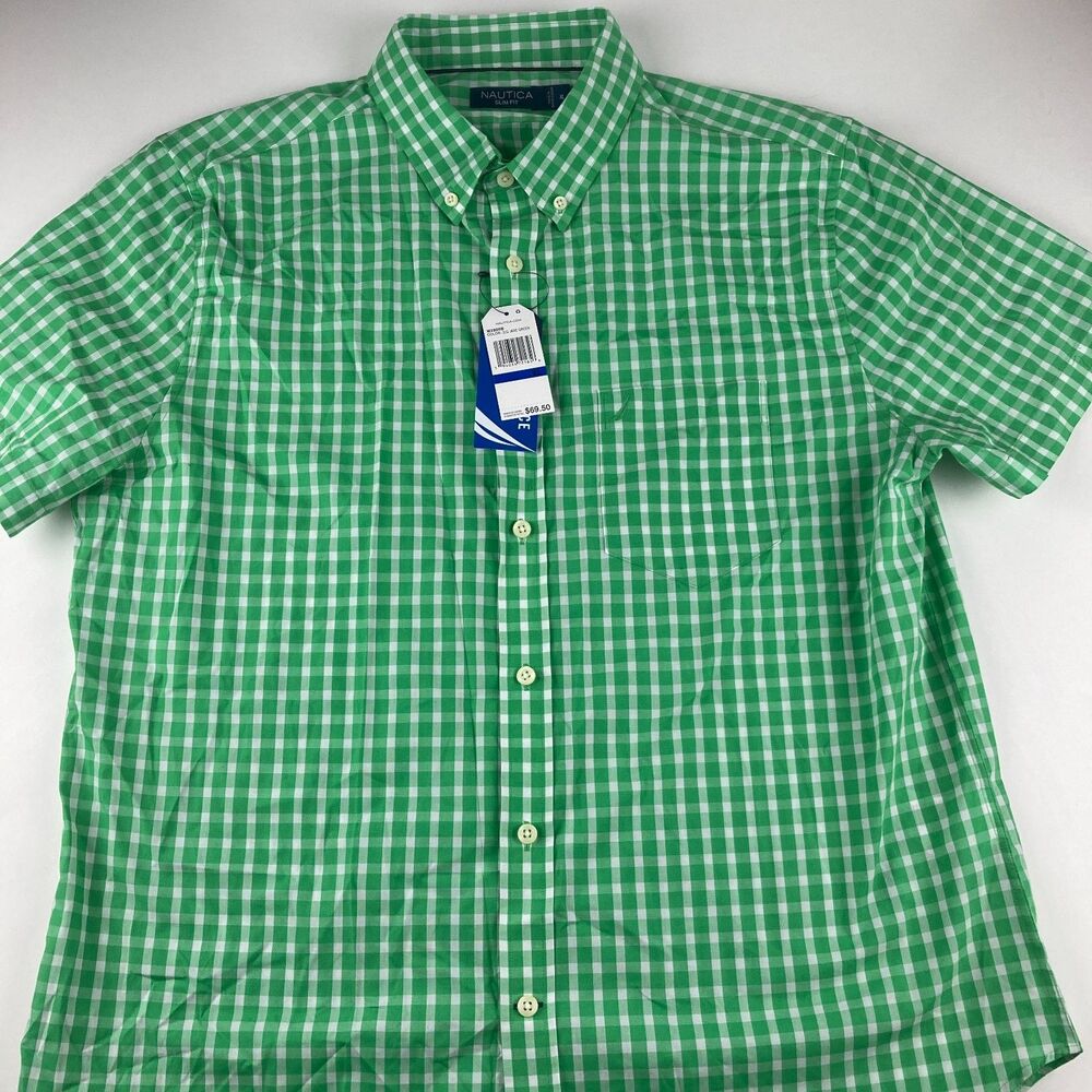 Nautica Mens XL Slim Fit Shirt NWT Jade Green White Gingham Short Sleeve